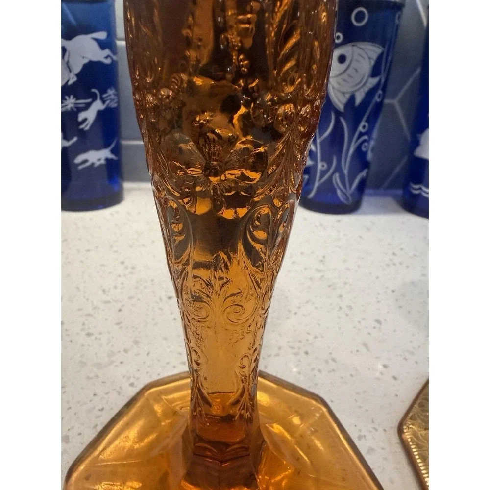 McKee Rock Crystal Amber Tall Single Candle Stick Holders EAPG Depression Glass
